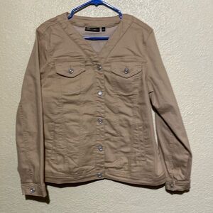 DG Diane Gilman Jacket L Tan Stretchy Long Sleeve Front Buttons Cotton Spandex